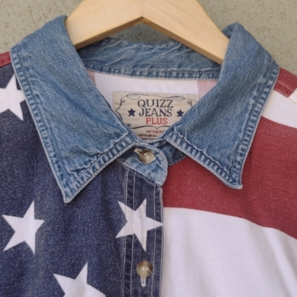 Worn Quizz Jeans Patriotic Stars and Stripes Button-up Cotton Shacket Women's 24 - Picture 3 of 11
